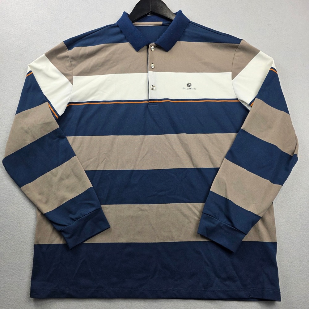 Daniel Hechter Mens‎ XXL Long Sleeve Polo Shirt Blue Tan Striped Stretch Viscose